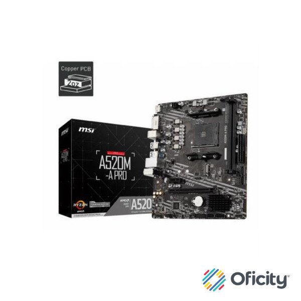 Tarjeta Madre MSI A520M-A Pro 2xDDR4 64GB 4600Mhz PCIe 3.0 M.2 1xHDMI 1xDVI-D S AM4 Ryzen 5th Gen mATX