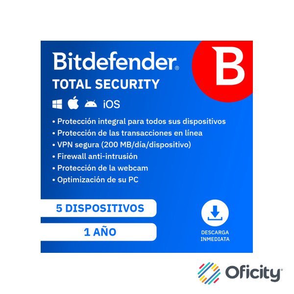 Licencia Antivirus Bitdefender ESD Total Security MD 1 Año 5 Usuarios