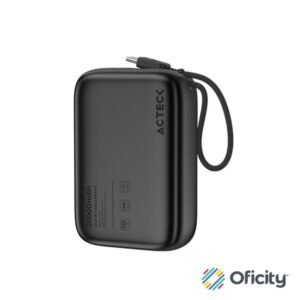 Cargador Acteck Powerbank Plug Max PG80 20000 mAh USBC cable integrado 225 W compacto ligero negro
