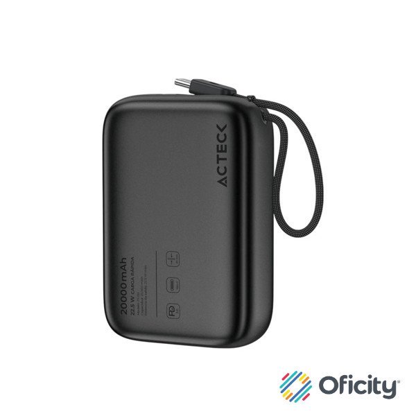 Cargador Acteck Powerbank Plug Max PG80 20000 mAh USBC cable integrado 225 W compacto ligero negro