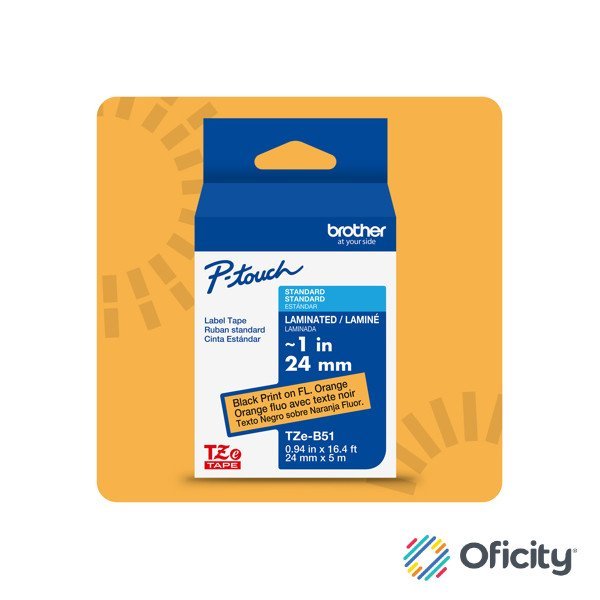 Cinta Laminada Brother Estandar Texto negro sobre cinta naranja fluorescente de 18mm x 5m