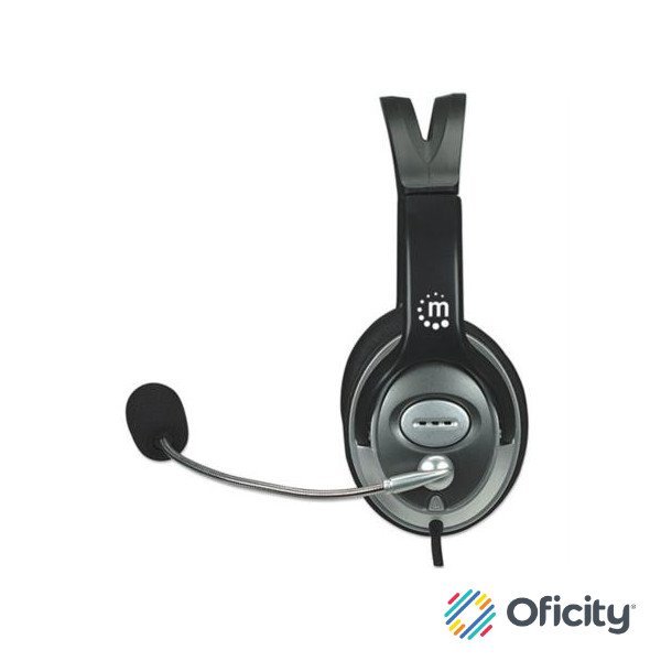 Audífonos Manhattan Estéreo Clásicos Micrófono Extensión Metálica Flexible Color Negro-Plata