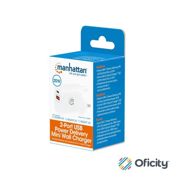 Cargador de Pared Manhattan 20W USB-C PD (20W) y USB-A QC (18W)