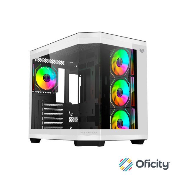 Gabinete Gamer Balam Rush Media Torre Tank Master 9600TB Max MB ATX Ultra Wides/USB-C/USB 3/Audio Fan ARGB Blanco- Negro