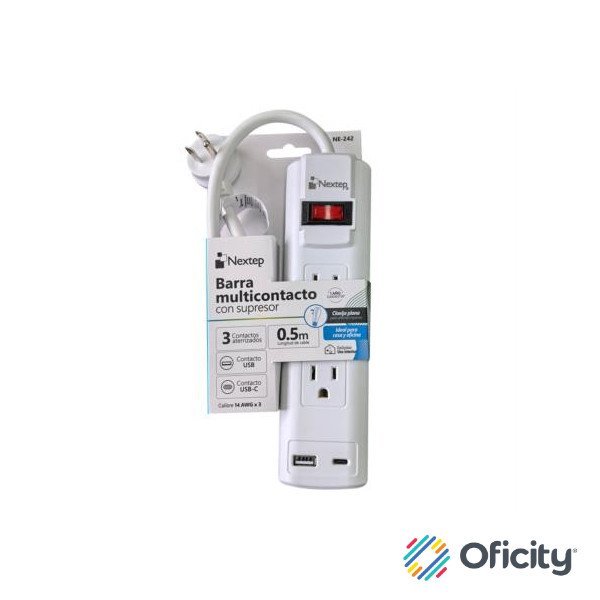 Barra Multicontacto con Supresor Nextep 3 Contactos Aterrizados Entrada USB y USBC Cable 50cm 14 AWG