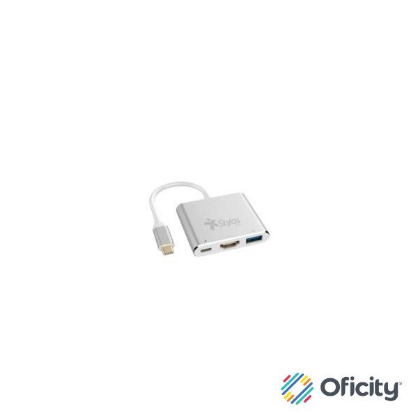 Hub 3 en 1 Stylos USB C a HDMI + USB 3.0 + USB C con Caja Gris